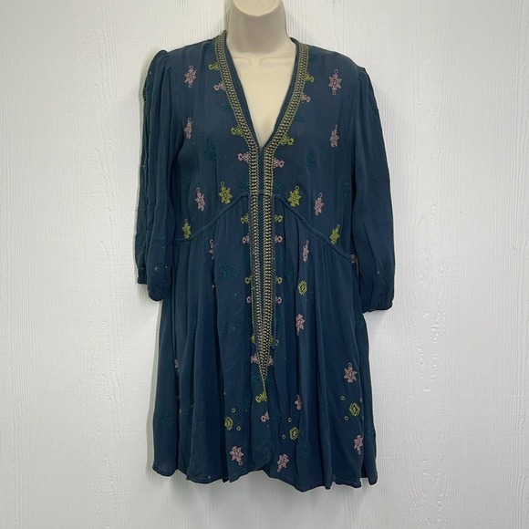 Free People - Stargazer Blue Embroidered Boho Empire Waist Mini Dress Size Small - Picture 3 of 13
